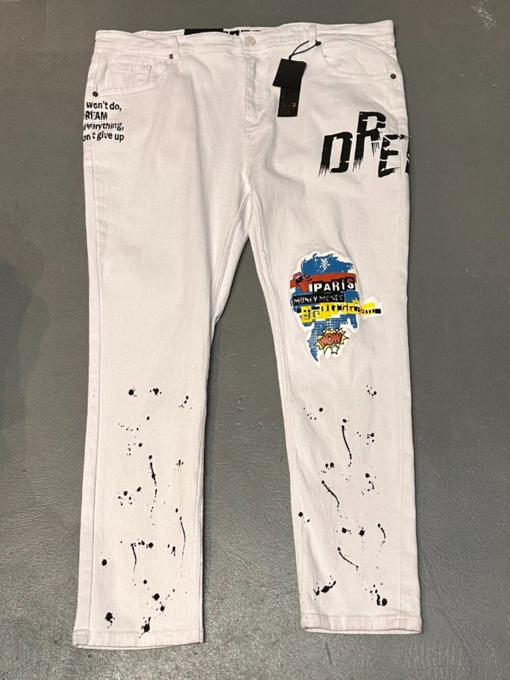 2APM Men’s Jeans 42x32 White Graphic Print Paint Splatter Slim Straight